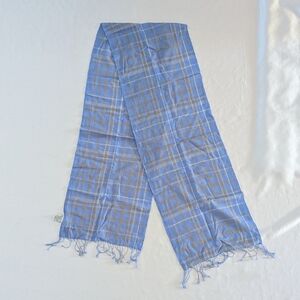 New Portolano Scarf Lightweight Blue Plaid Cashmere Wool 71"x11"